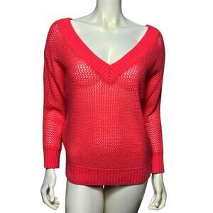 Express Pink Merino Wool Blend Mesh Knit V-Neck Sweater Open Weave 3/4 Sleeve